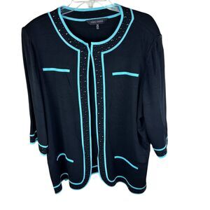 Ming Wang Womens Embellished Cardigan Sz 1X Black Teal Blazer Jacket Beaded